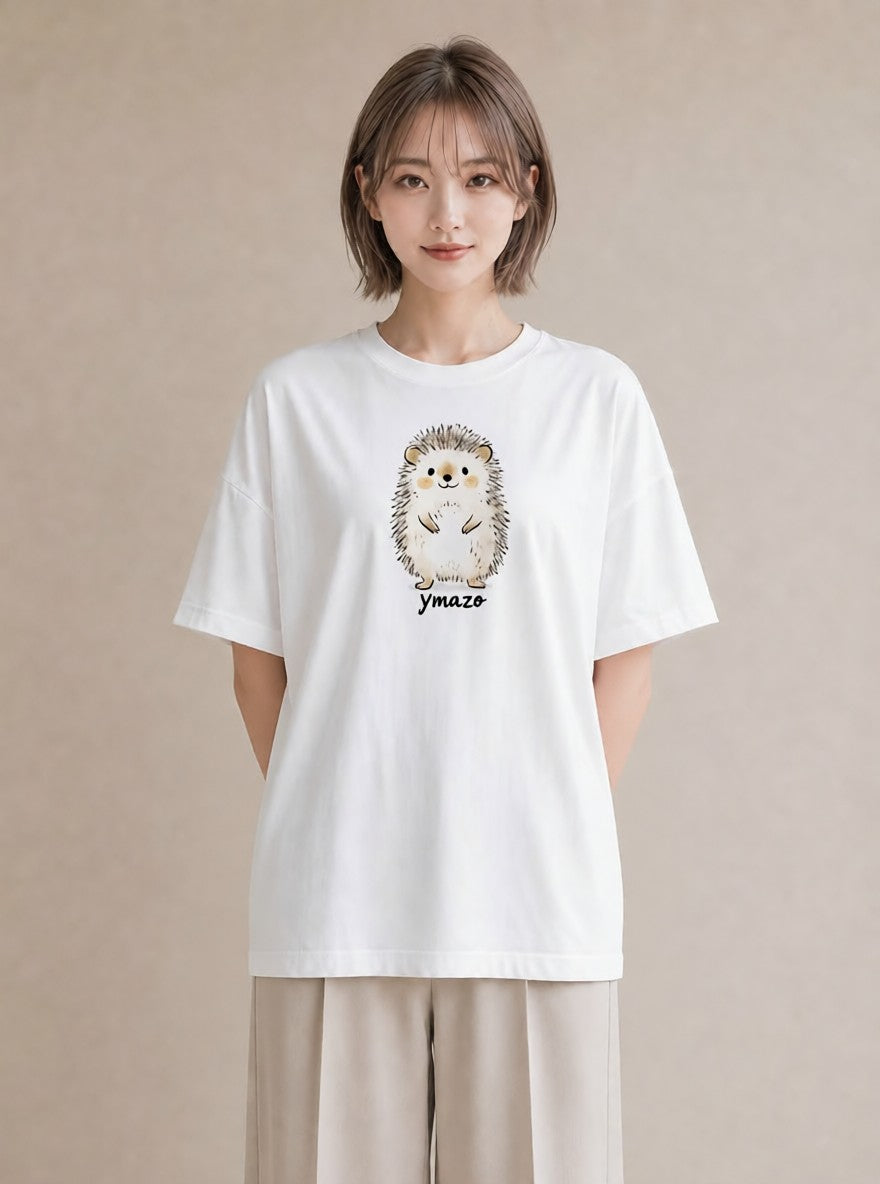 半袖Tシャツ レディース ハリネズミ ペット 動物 イラスト カジュアル 友達ギフト 部屋着 白T YMAZO