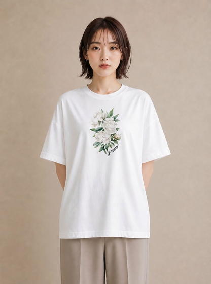 デザインTシャツ レディース 牡丹 花 花柄 イラスト 普段使い ペアコーデ 秋コーデ 白T YMAZO