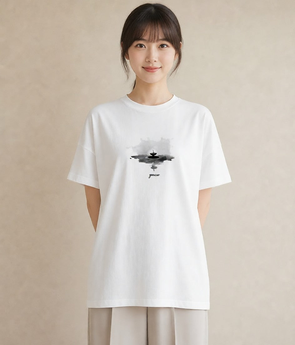 グラフィックTシャツ レディース 傘 水たまり 雨 ナチュラル アンティーク イラスト ポップ お揃い 親子 白T YMAZO
