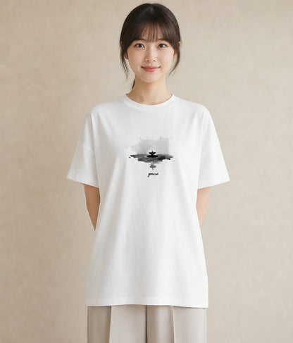 グラフィックTシャツ レディース 傘 水たまり 雨 ナチュラル アンティーク イラスト ポップ お揃い 親子 白T YMAZO