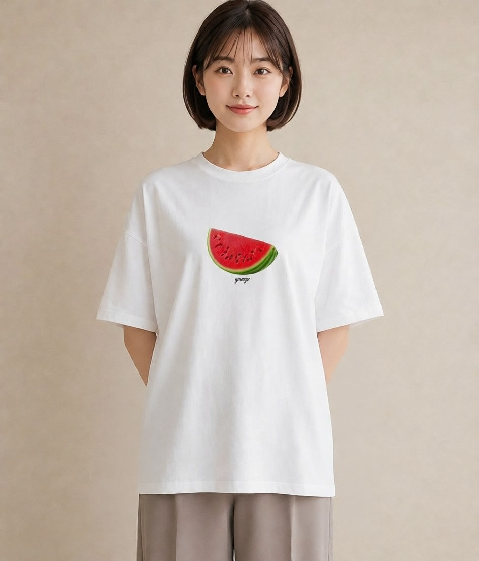 プリントTシャツ レディース すいか 食べ物 フード イラスト 韓国風 夏コーデ 通学 白T YMAZO