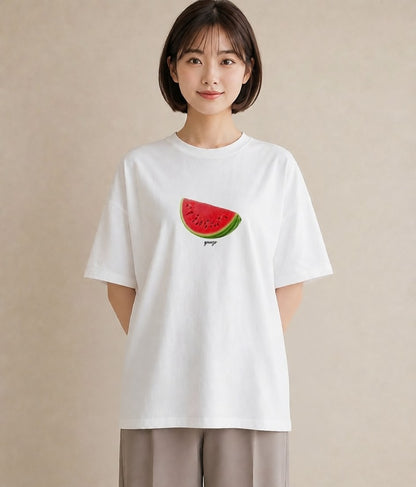 プリントTシャツ レディース すいか 食べ物 フード イラスト 韓国風 夏コーデ 通学 白T YMAZO