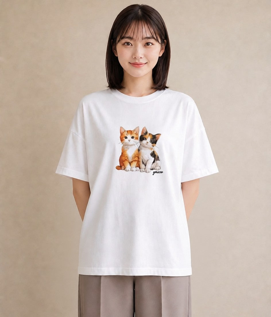 半袖Tシャツ レディース 子猫 猫 ねこ イラスト ガーリー 通勤 在宅 白T YMAZO
