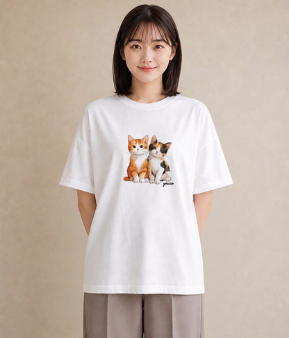 半袖Tシャツ レディース 子猫 猫 ねこ イラスト ガーリー 通勤 在宅 白T YMAZO