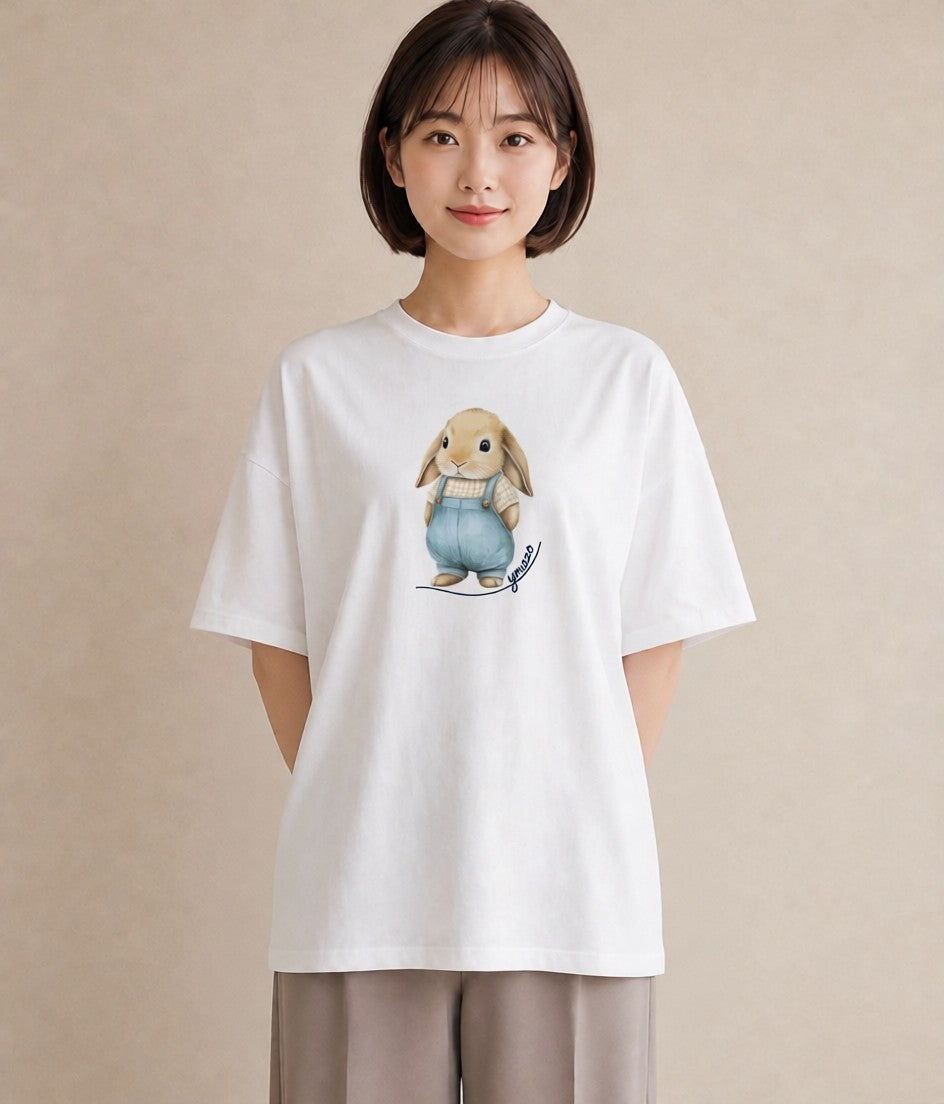 Tシャツ レディース ライオンラビット ペット 動物 イラスト 手描き風 通勤 在宅 白T YMAZO