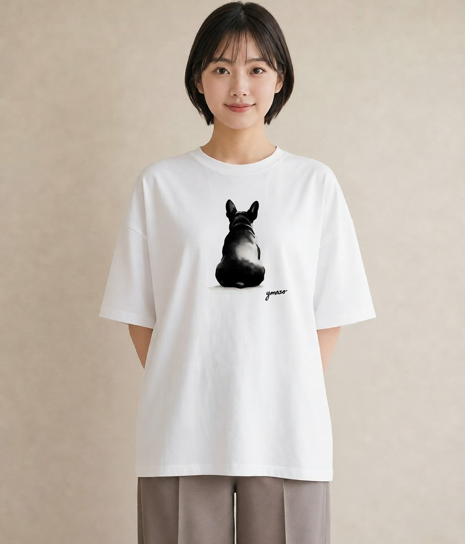 デザインTシャツ レディース フレンチブルドッグ フレブル 犬 いぬ イラスト 水彩風 ペアコーデ 秋コーデ 白T YMAZO