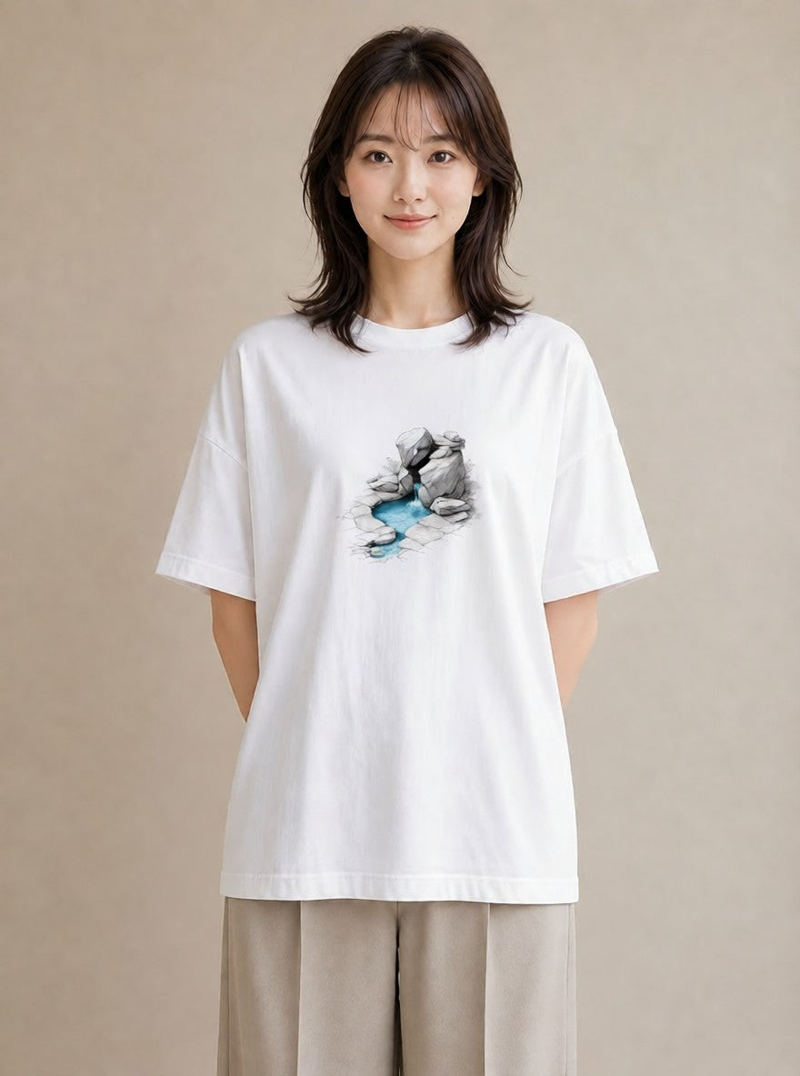 グラフィックTシャツ レディース 小川 橋 せせらぎ ナチュラル アンティーク イラスト カジュアルコーデ 買い物 白T YMAZO