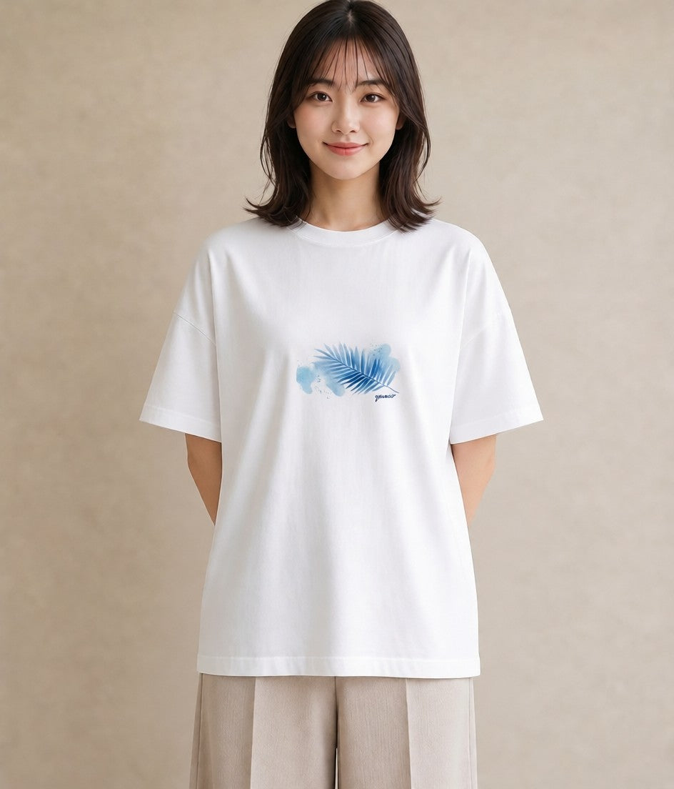 プリントTシャツ レディース シダ 植物 ボタニカル イラスト 淡色 カジュアルコーデ 買い物 白T YMAZO