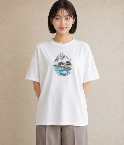 Tシャツ レディース 山 星空 宇宙 イラスト カジュアル カフェ巡り 女子会 白T YMAZO