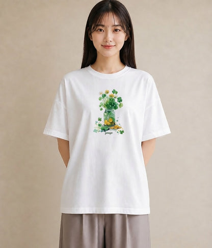 グラフィックTシャツ レディース クローバー 四つ葉 花 花柄 イラスト 旅行コーデ カフェ服 クリスマス 白T YMAZO