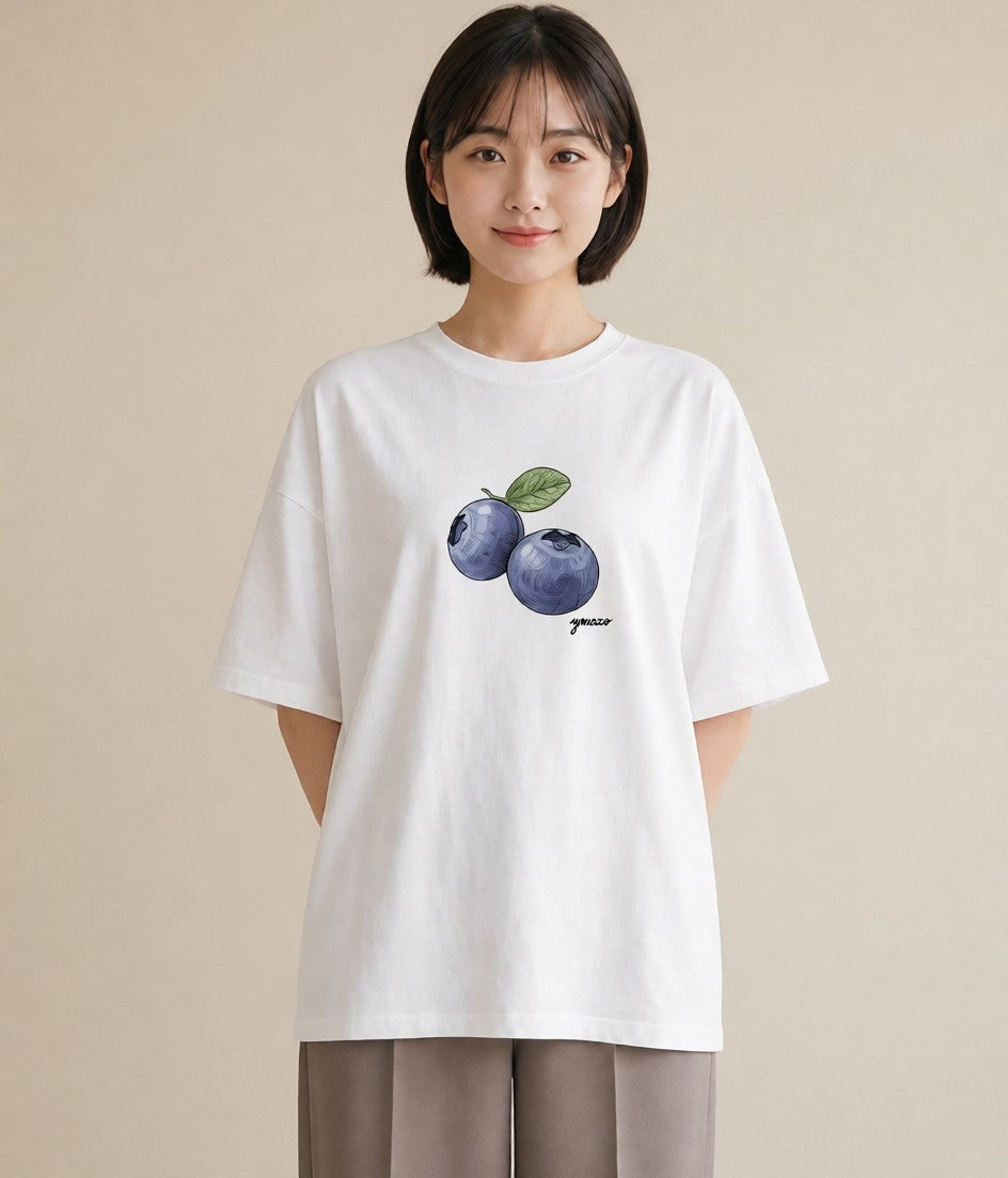 グラフィックTシャツ レディース ブルーベリー 食べ物 フード イラスト アート風 春服 ミセス 白T YMAZO