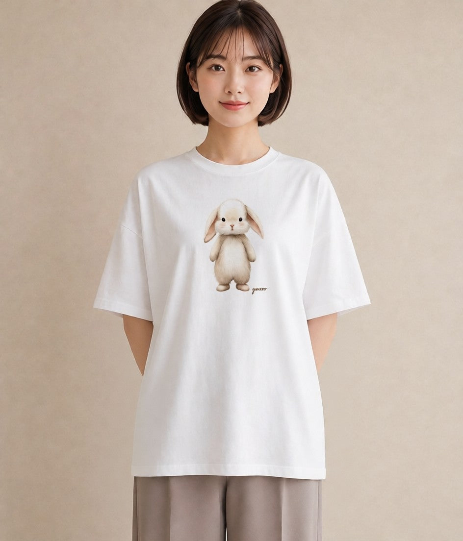 デザインTシャツ レディース ウサギ系野生 動物 アニマル イラスト ボタニカル ママ カフェ服 白T YMAZO