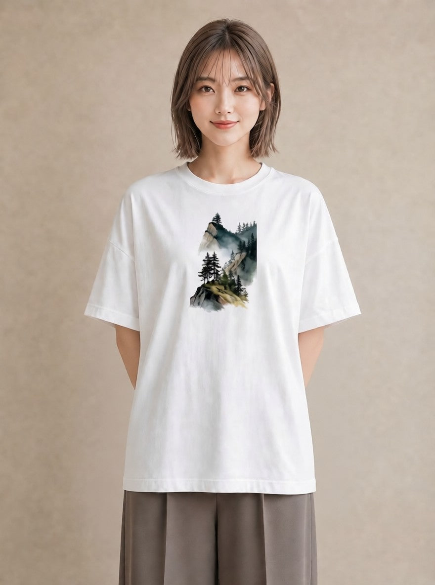 プリントTシャツ レディース 山 星空 宇宙 イラスト ラフ デイリーウェア 休日 白T YMAZO