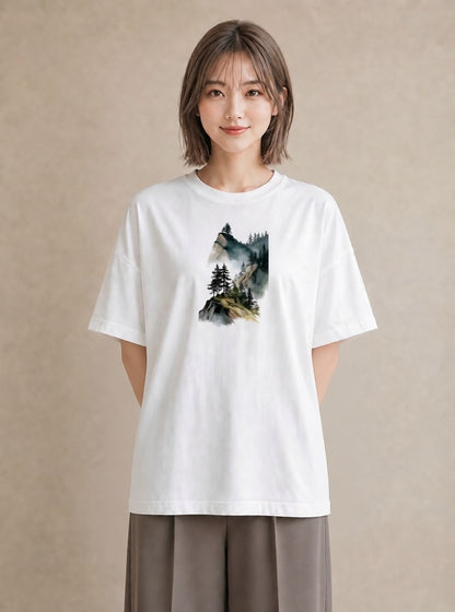 プリントTシャツ レディース 山 星空 宇宙 イラスト ラフ デイリーウェア 休日 白T YMAZO