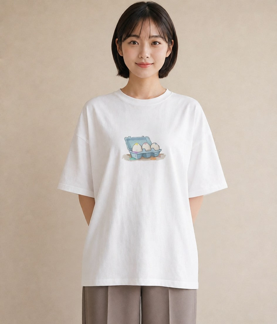 半袖Tシャツ レディース たまご 食べ物 フード イラスト 個性的 敬老の日 ホワイトデー 白T YMAZO