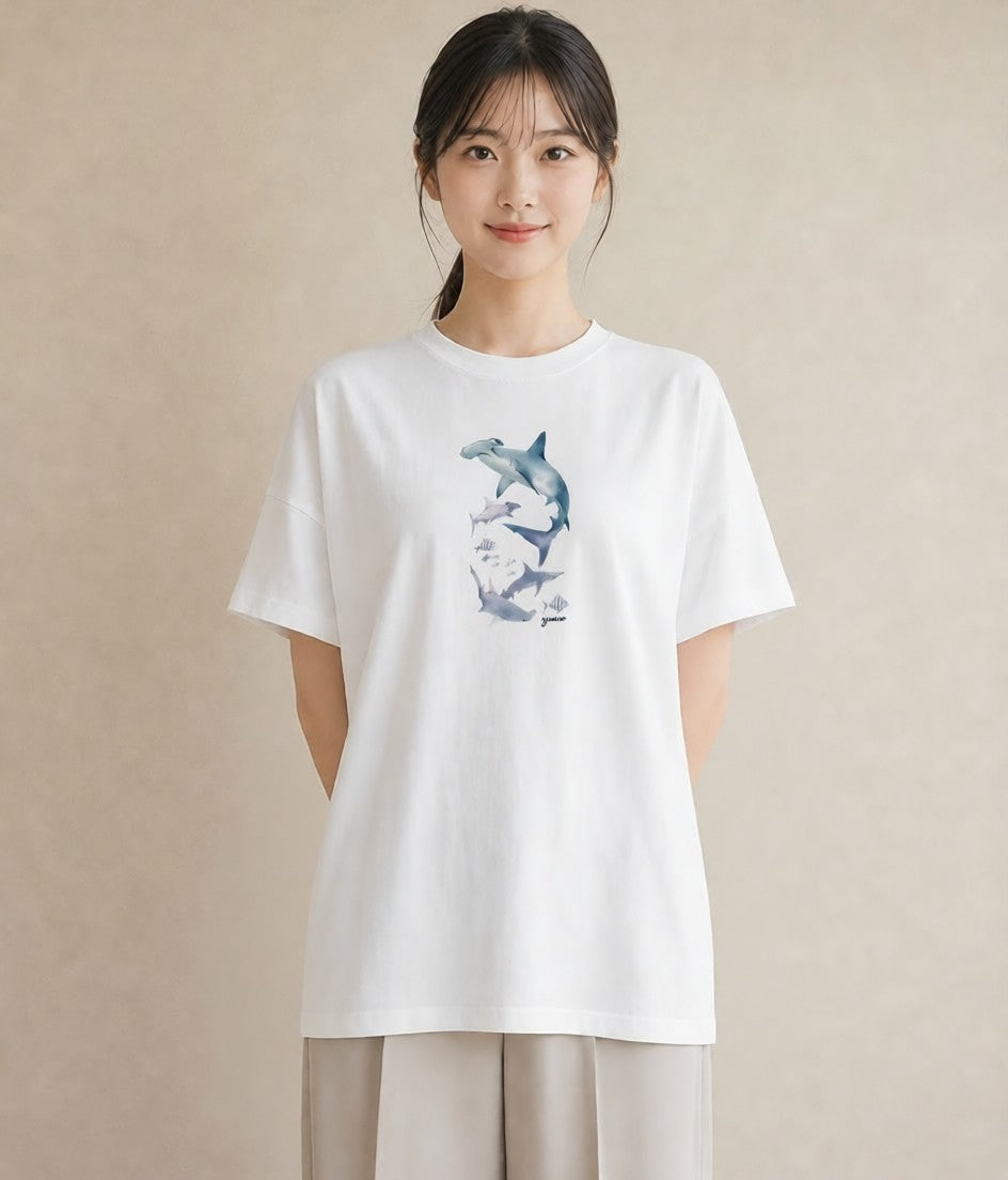 Tシャツ レディース サメ 海の生き物 海 イラスト きれいめ 母娘コーデ 自分用 白T YMAZO