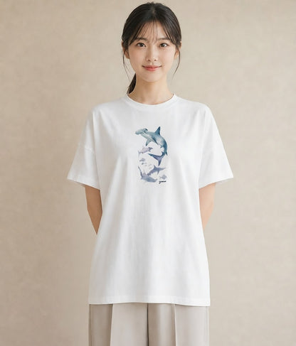 Tシャツ レディース サメ 海の生き物 海 イラスト きれいめ 母娘コーデ 自分用 白T YMAZO