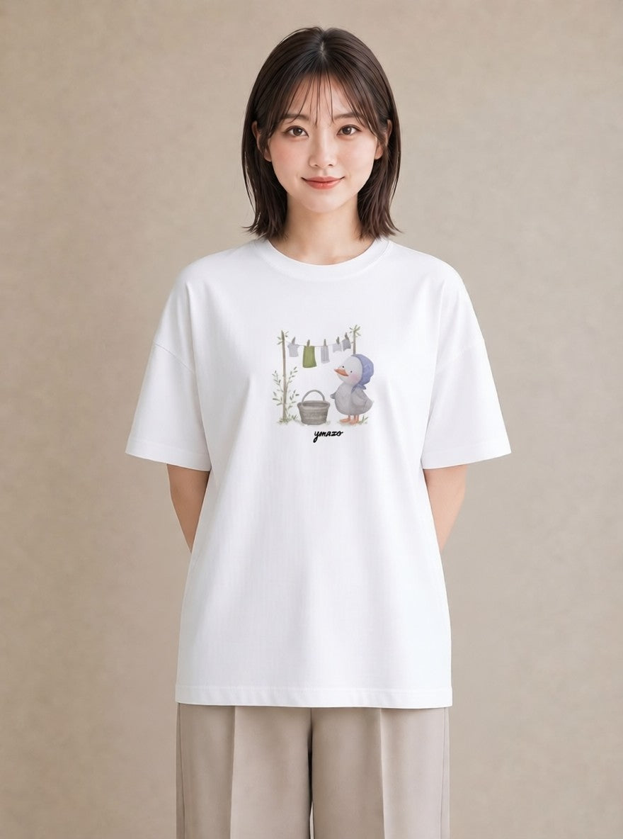 プリントTシャツ レディース 洗濯物 風 ナチュラル アンティーク イラスト 個性的 20代 カジュアルコーデ 白T YMAZO
