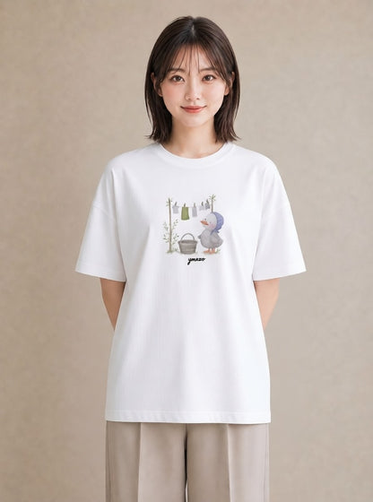 プリントTシャツ レディース 洗濯物 風 ナチュラル アンティーク イラスト 個性的 20代 カジュアルコーデ 白T YMAZO