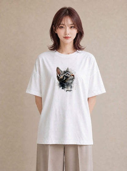 デザインTシャツ レディース 愛猫 猫 ねこ イラスト 韓国風 ミセス 春コーデ 白T YMAZO