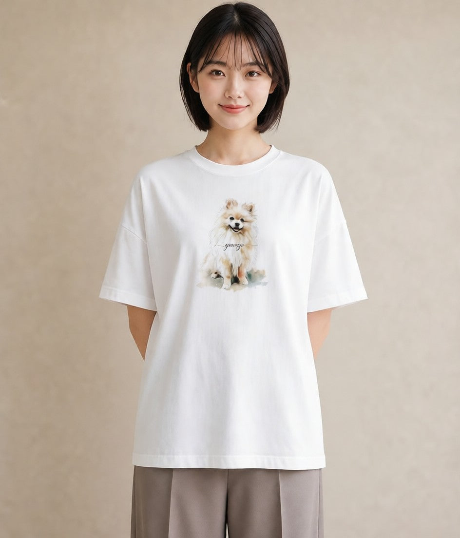 プリントTシャツ レディース ポメラニアン ポメ 犬 いぬ イラスト きれいめカジュアル 自分用 ルームウェア 白T YMAZO