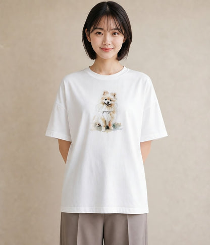 プリントTシャツ レディース ポメラニアン ポメ 犬 いぬ イラスト きれいめカジュアル 自分用 ルームウェア 白T YMAZO