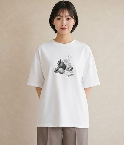 デザインTシャツ レディース いちご 苺 ストロベリー 食べ物 フード イラスト 線画 女子会 お揃い 白T YMAZO