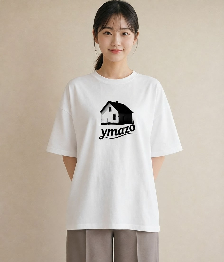 デザインTシャツ レディース 遠い家と鳥 風景 鳥 ナチュラル アンティーク イラスト ガーリー 自分用 ルームウェア 白T YMAZO