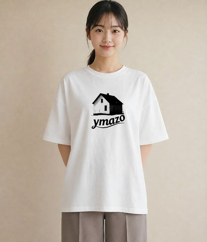 デザインTシャツ レディース 遠い家と鳥 風景 鳥 ナチュラル アンティーク イラスト ガーリー 自分用 ルームウェア 白T YMAZO