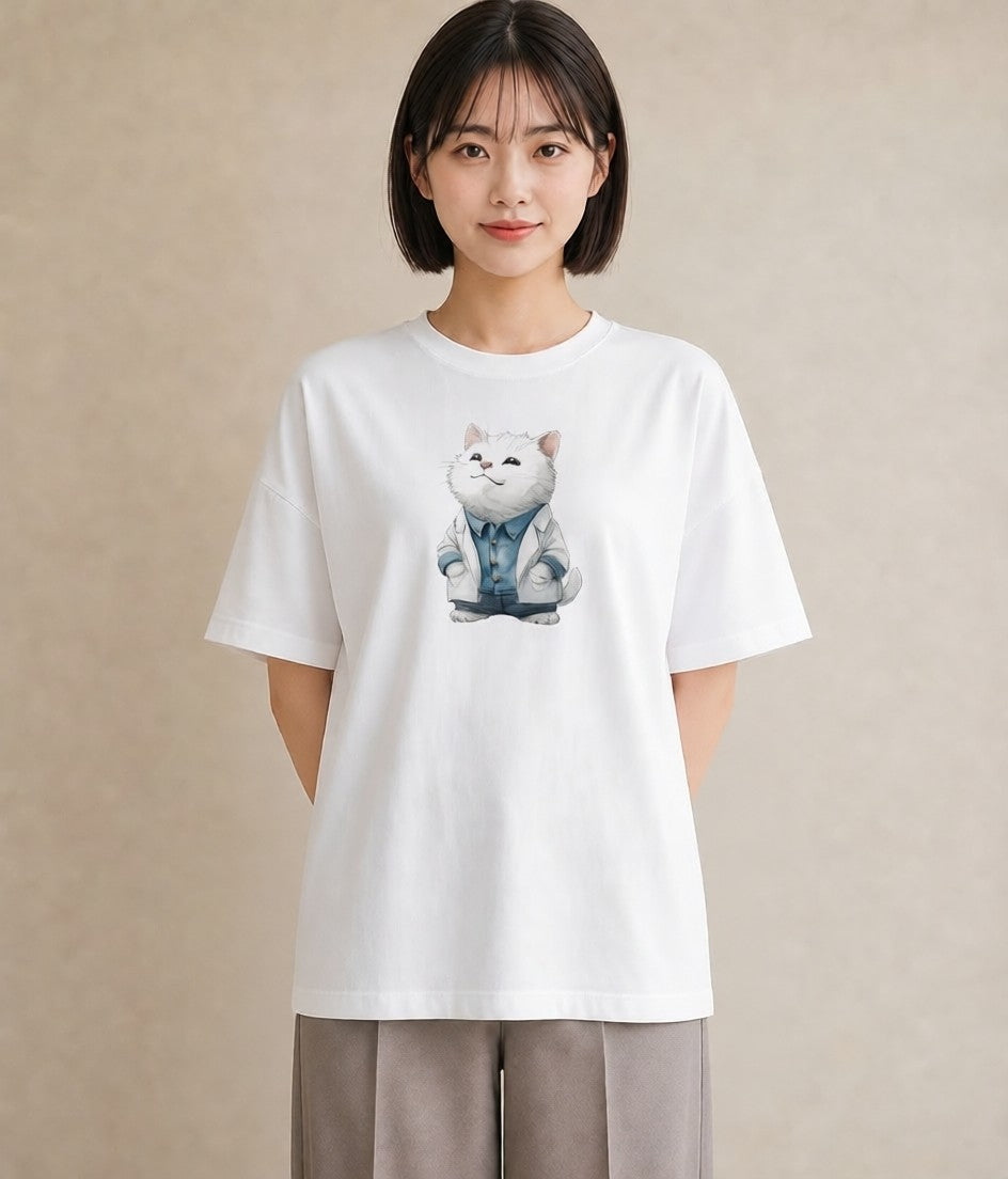 半袖Tシャツ レディース ペルシャ 猫 ねこ イラスト 抜け感 敬老の日 ホワイトデー 白T YMAZO