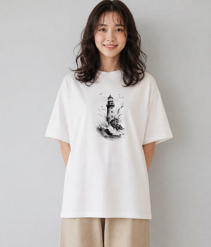 半袖Tシャツ レディース 灯台 霧 海 ナチュラル アンティーク イラスト お洒落 カフェ巡り 白T YMAZO