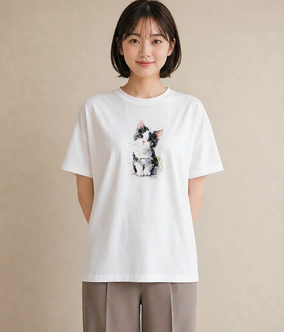 半袖Tシャツ レディース 猫 ねこ イラスト 北欧風 誕生日プレゼント 綿100 白T YMAZO