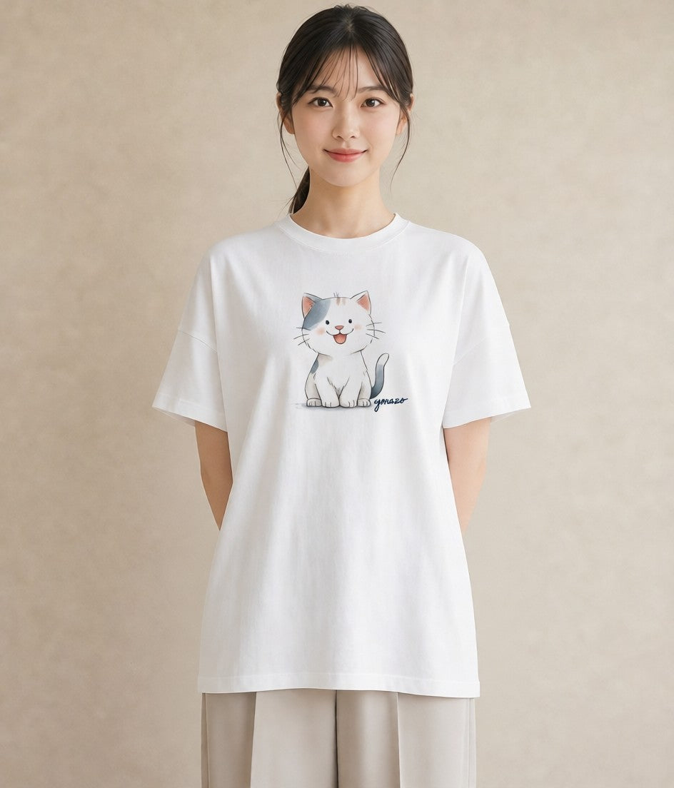 プリントTシャツ レディース ニャンコ 猫 ねこ イラスト 水彩風 デート 帰省 白T YMAZO