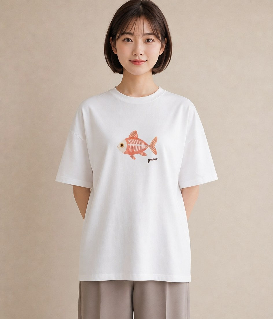 デザインTシャツ レディース メダカ ペット 動物 イラスト ニュアンス デイリーウェア 休日 白T YMAZO