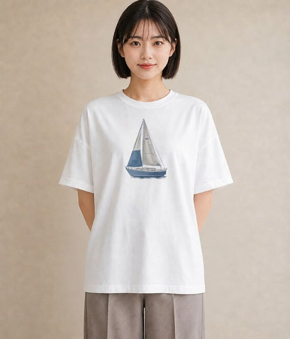 半袖Tシャツ レディース 紙の船 水辺 ナチュラル アンティーク イラスト フェミニン おしゃれギフト 社会人 白T YMAZO