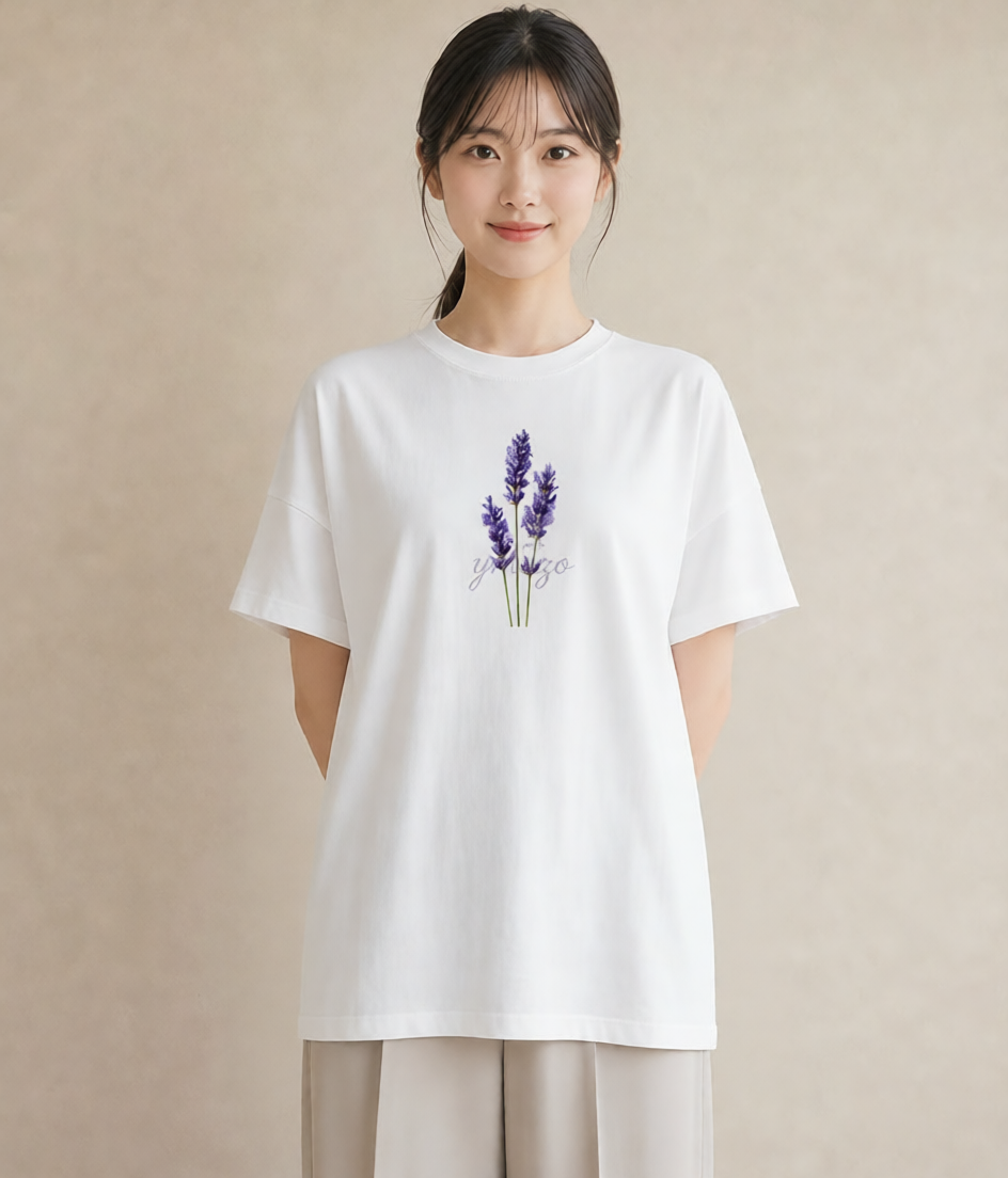 Tシャツ レディース ラベンダー 花 花柄 イラスト デート 帰省 白T
