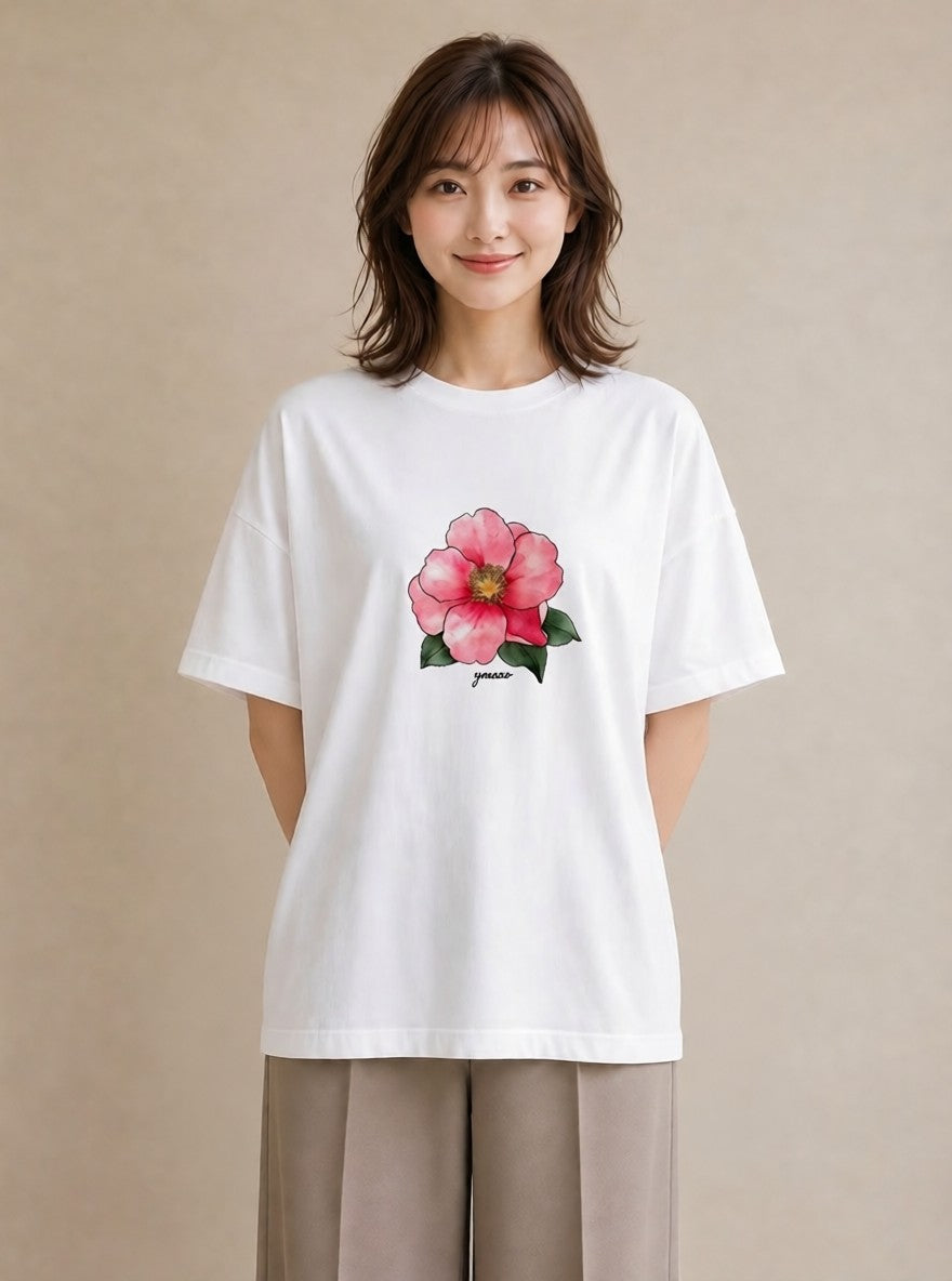 Tシャツ レディース 牡丹 花 花柄 イラスト ミニマル 買い物 夏コーデ 白T YMAZO