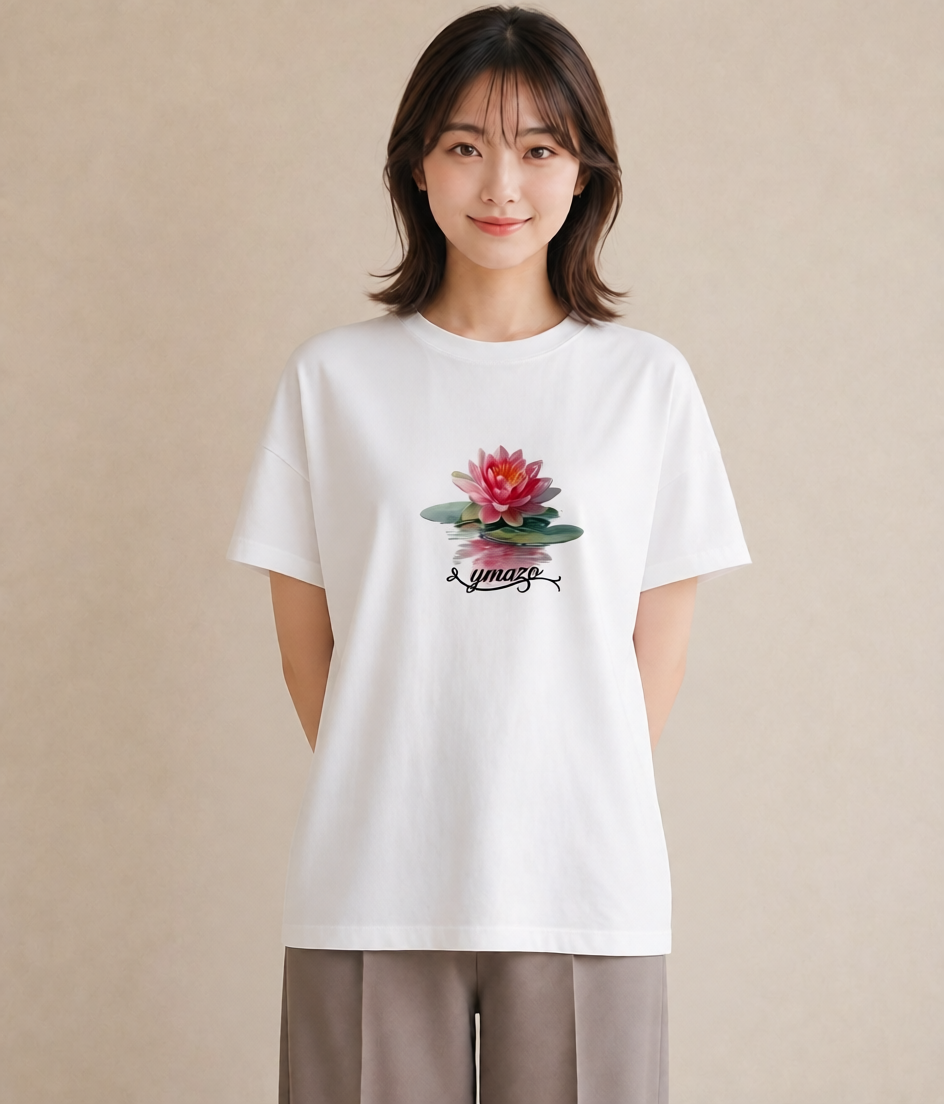 グラフィックTシャツ レディース 蓮 花 花柄 イラスト 個性的 ペアコーデ 秋コーデ 白T