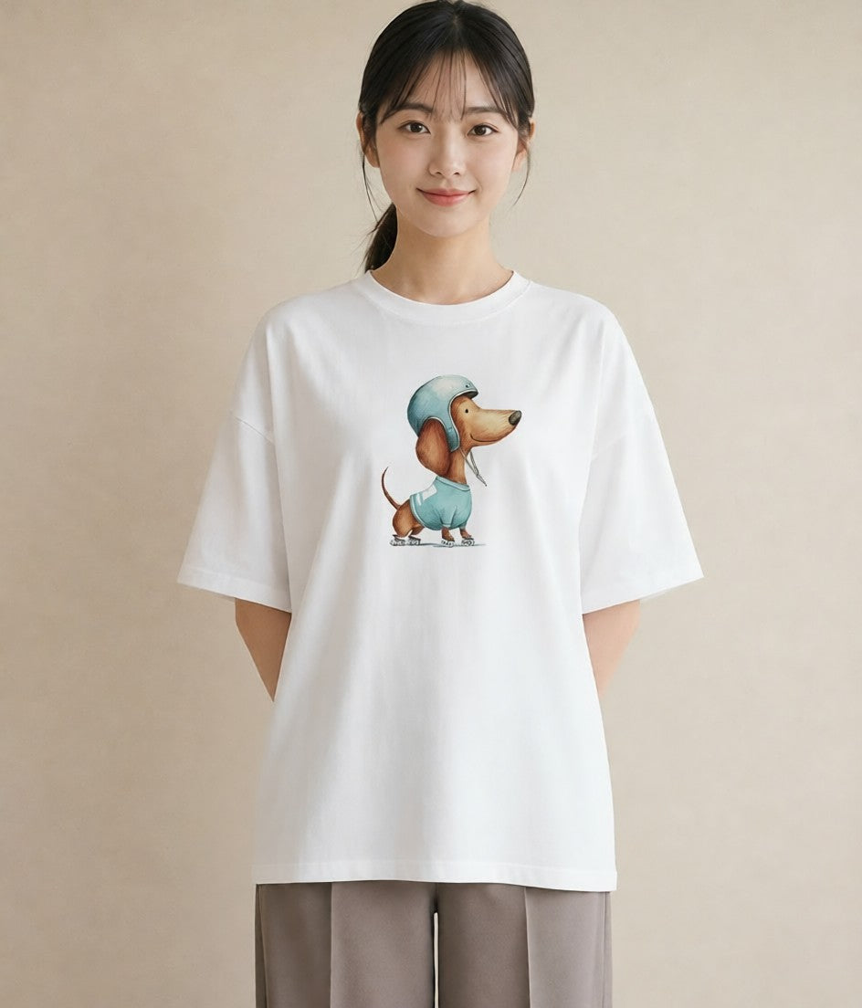 デザインTシャツ レディース ミニチュアダックスフンド 犬 いぬ イラスト カジュアルコーデ 買い物 白T YMAZO
