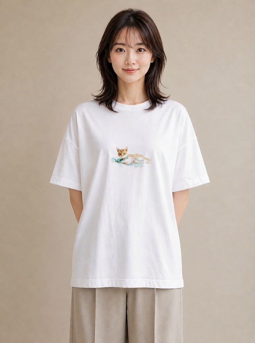 グラフィックTシャツ レディース 茶トラ 茶猫 猫 ねこ イラスト 個性的 買い物 夏コーデ 白T YMAZO
