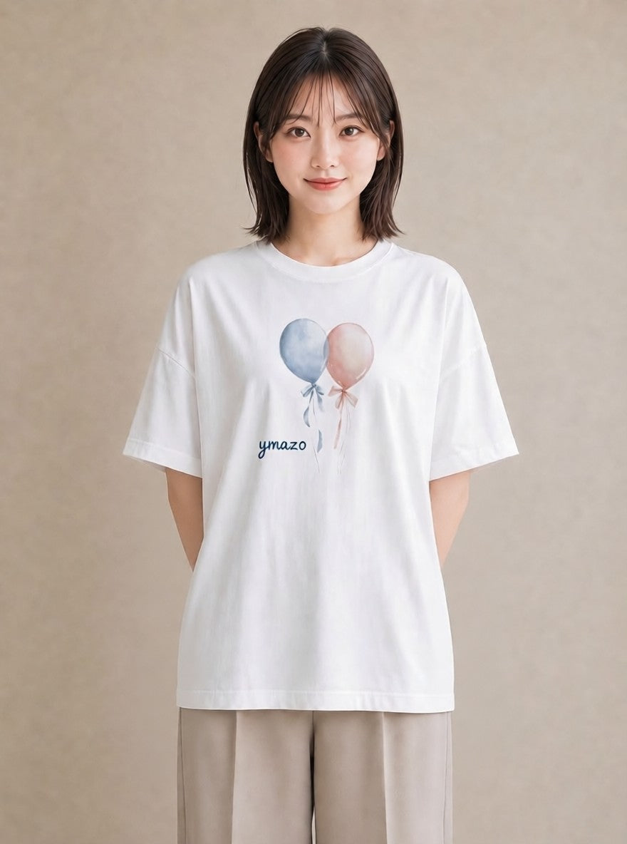 半袖Tシャツ レディース 紙風船 和紙 ナチュラル アンティーク イラスト 個性的 自分用 ルームウェア 白T YMAZO