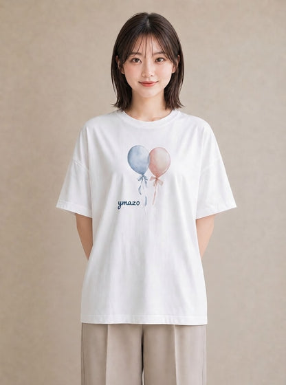 半袖Tシャツ レディース 紙風船 和紙 ナチュラル アンティーク イラスト 個性的 自分用 ルームウェア 白T YMAZO