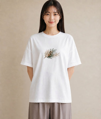 半袖Tシャツ レディース 松ぼっくり 植物 ボタニカル イラスト 春服 ミセス 白T YMAZO