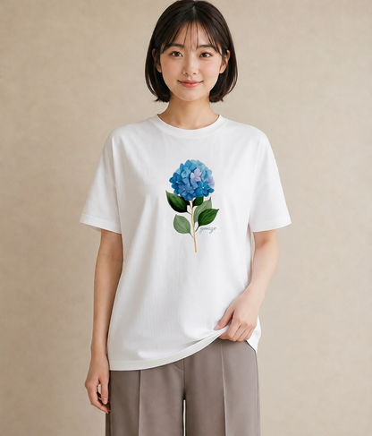 グラフィックTシャツ レディース あじさい 紫陽花 アジサイ 花 花柄 イラスト 旅行コーデ ママ カフェ服 白T YMAZO