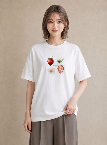 半袖Tシャツ レディース いちご 苺 ストロベリー 食べ物 フード イラスト ギフト 母の日 白T YMAZO