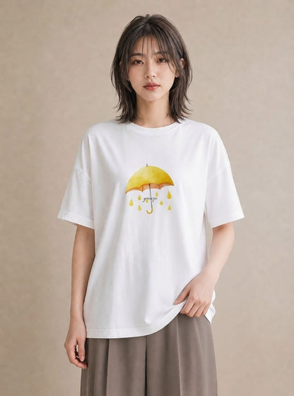 プリントTシャツ レディース 傘 水たまり 雨 ナチュラル アンティーク イラスト ボタニカル 旅行 母娘コーデ 白T YMAZO