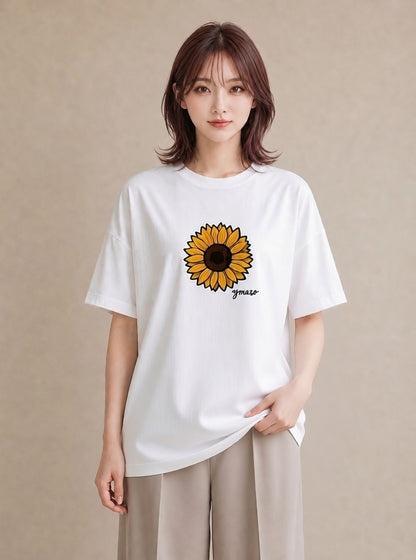 半袖Tシャツ レディース ひまわり 向日葵 花 花柄 イラスト ナチュラル 送別ギフト 通勤 白T YMAZO