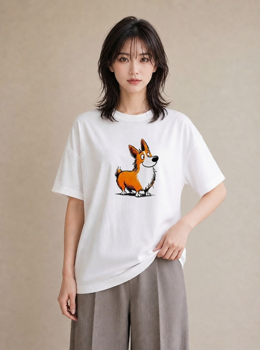 半袖Tシャツ レディース ウェルシュコーギー コーギー 犬 いぬ イラスト 上品 春服 ミセス 白T YMAZO