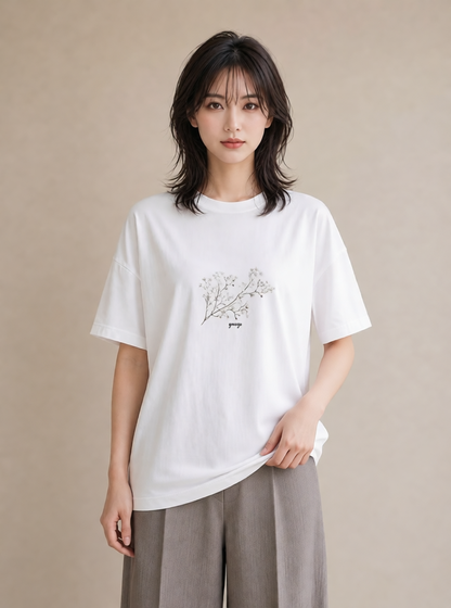 Tシャツ レディース カスミソウ かすみ草 花 花柄 イラスト ラフ 在宅 公園 白T