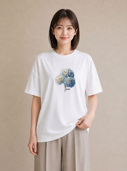 グラフィックTシャツ レディース あじさい 紫陽花 アジサイ 花 花柄 イラスト ラフカジュアル 敬老の日 ホワイトデー 白T